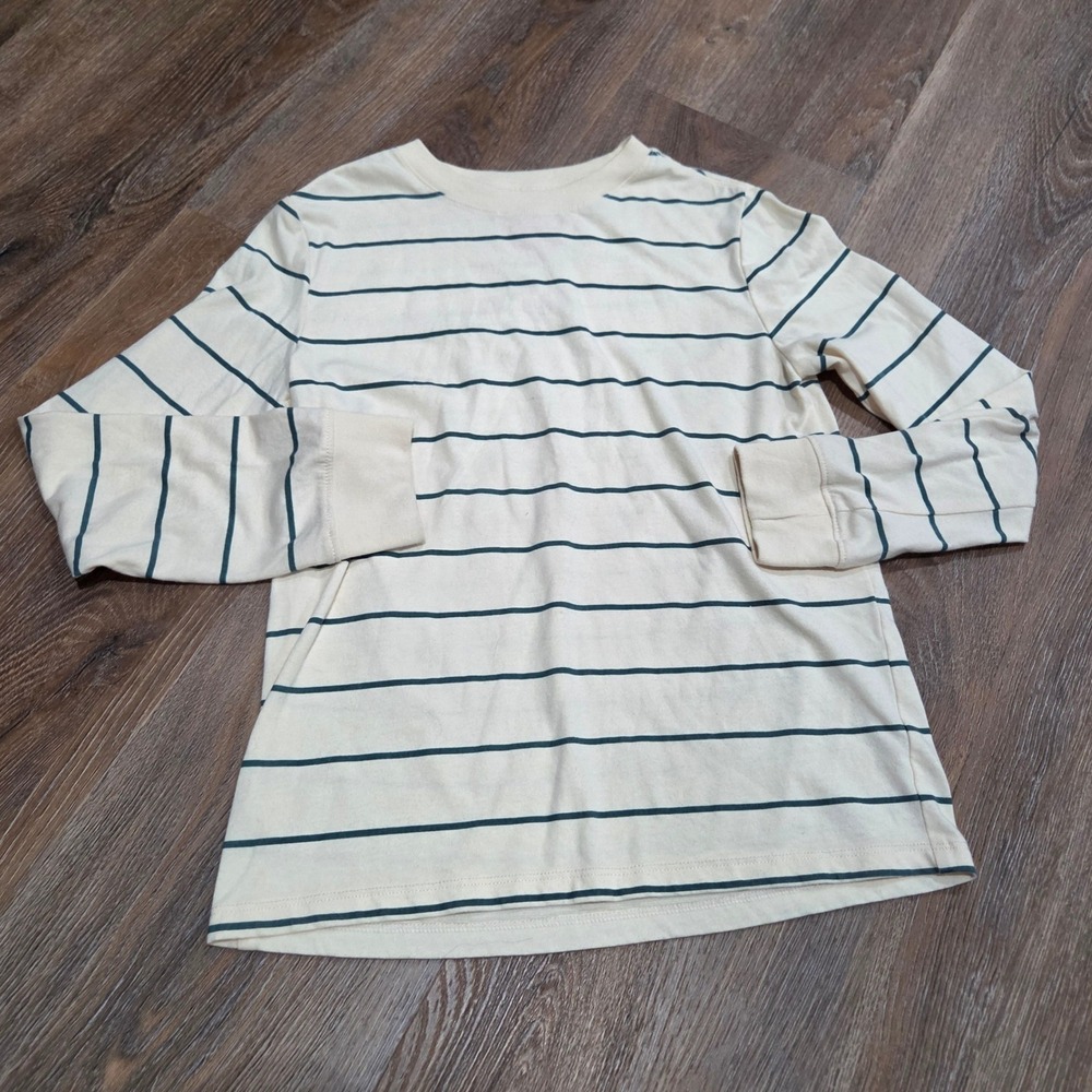 Cat & Jack Boys Cream Green Striped Long Sleeve T-Shirt Size M 8